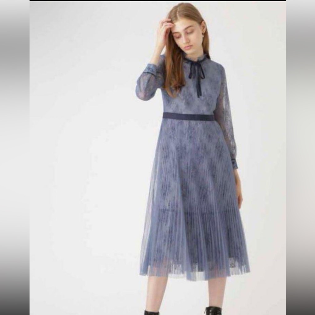 Jill Stuart Endy Robe Blue Lace Overlay Pleated Skirt Bow Detail Dress, Small